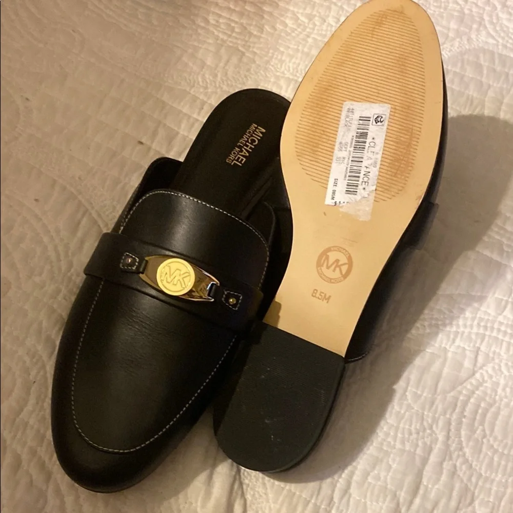 Michael Kors Black Leather Slip-On Loafers with Gold Accent